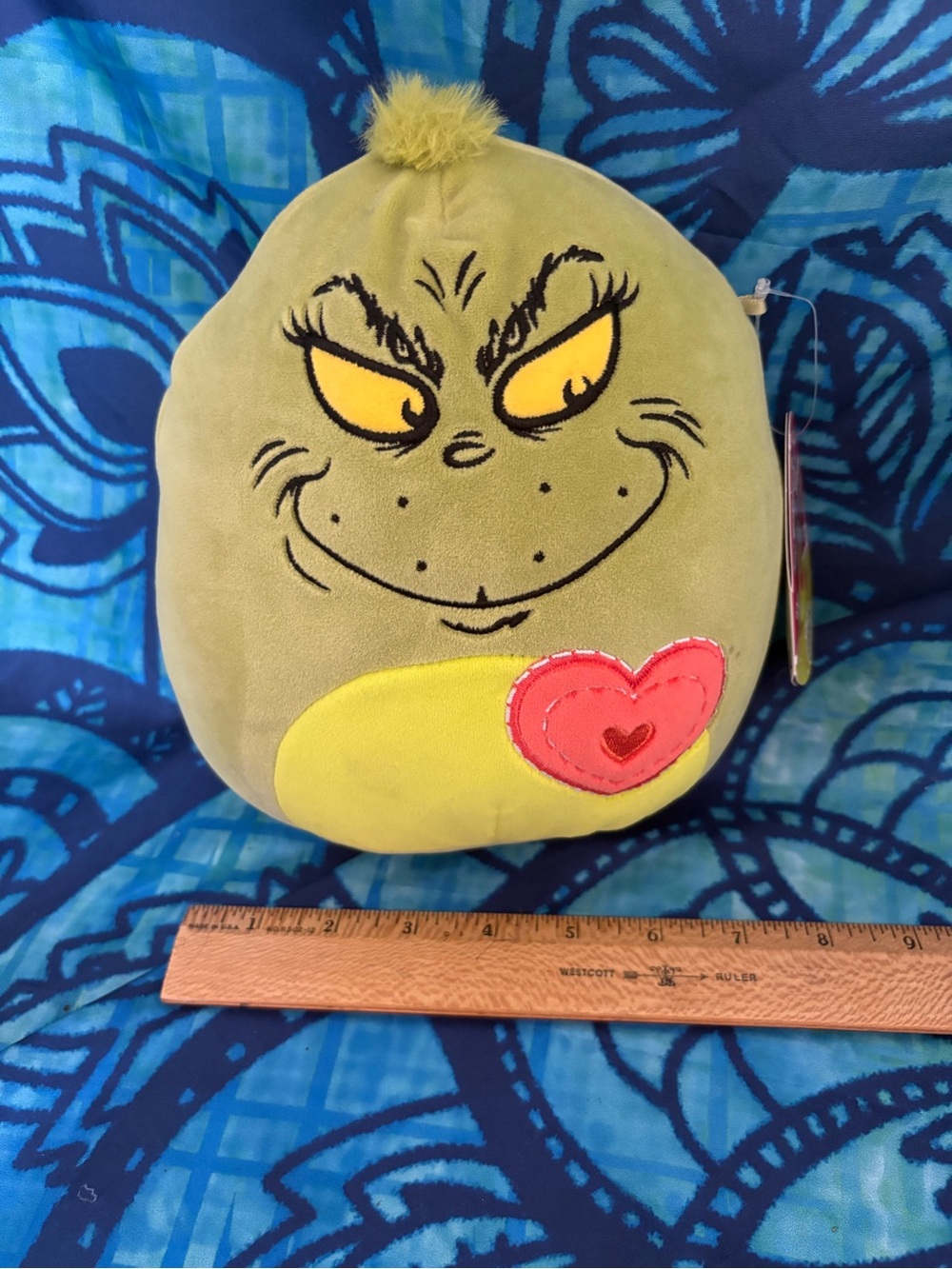 Squishmallows Green Grinch Face Plush with Yellow Belly and Pink Heart